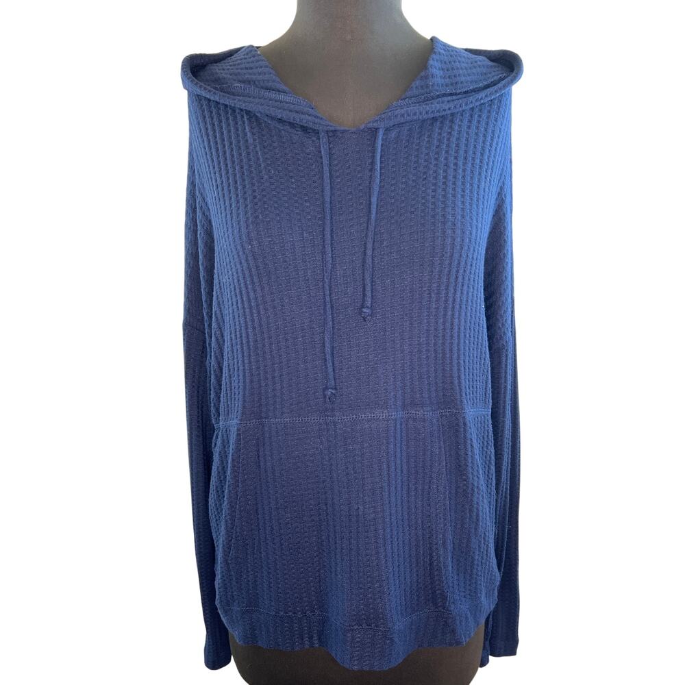 CHASER Dark Navy Waffle Knit Pullover Drawstring Hoodie Sweater Top M Medium
